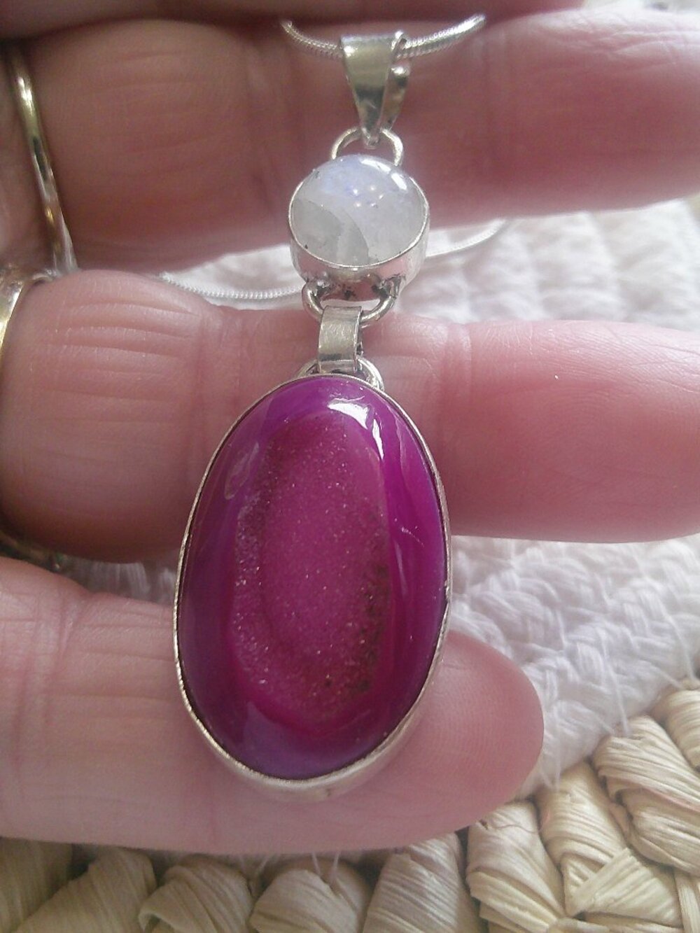 Beautiful PINK DRUZY & RAINBOW MOONSTONE Handmade Sterling 925 Pendant/Chain